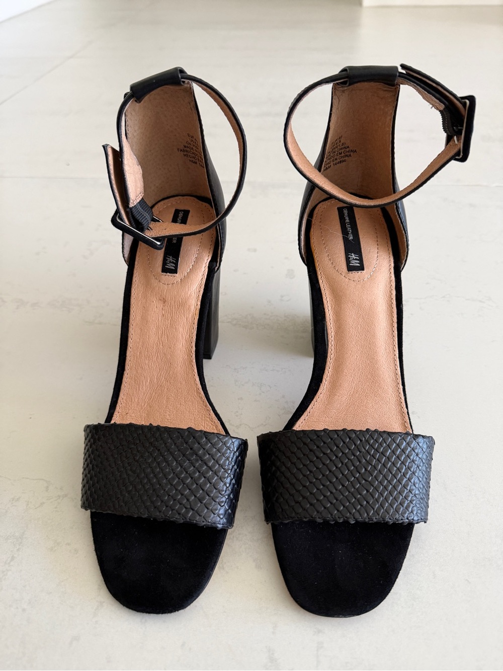 H&M Black Block Heel Ankle-Strap Sandals genuine leather
